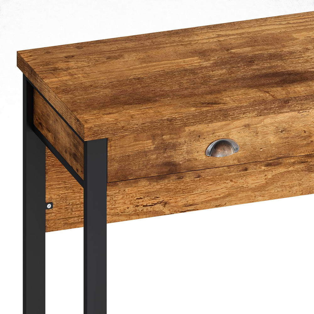 English Elm 3-Drawer Long Dining Table Set with Power Outlets, Swivel PU Stools, Shell Handles & Storage Elegance Brown W757134229