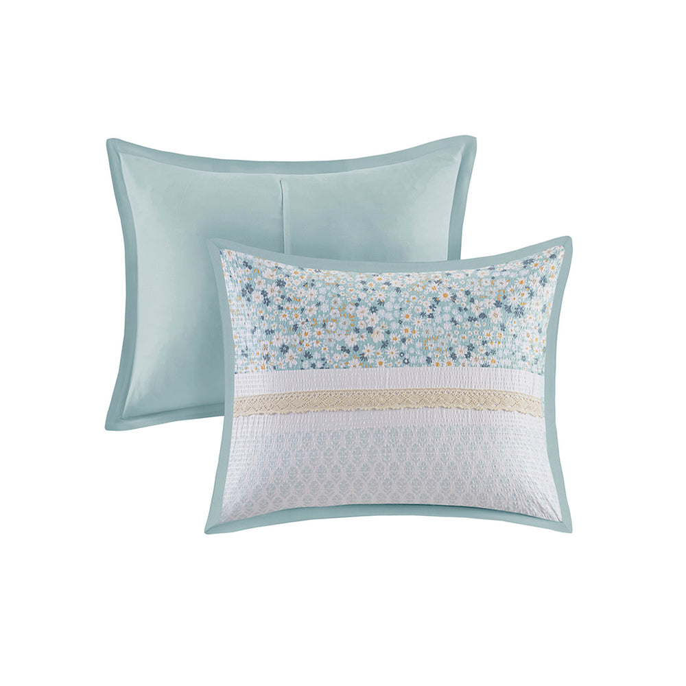 English Elm Full/Queen Seersucker Comforter Set 5-Piece Floral Lace Trim Bedding with Hypoallergenic, Antimicrobial Fill B035128848