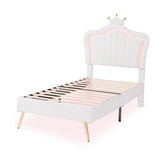 English Elm Twin Size Upholstered Bed Frame With Led Lights, Modern Upholstered Princess Bed With Crown Headboard,White