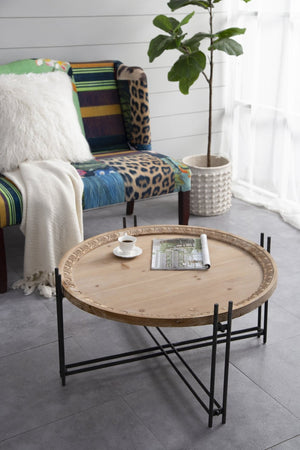 English Elm D32" Solid Fir Wood Round Coffee Table with Iron Pin Legs for Farmhouse Living Rooms W2078P147520