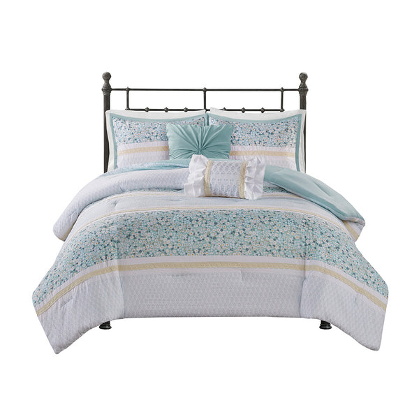 English Elm Full/Queen Seersucker Comforter Set 5-Piece Floral Lace Trim Bedding with Hypoallergenic, Antimicrobial Fill B035128848