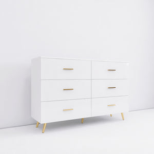 English Elm High Glossy 6-Drawer Chest with Golden Handles and Steel Legs — Spacious Storage, Modern Vanity Design White W2139134915