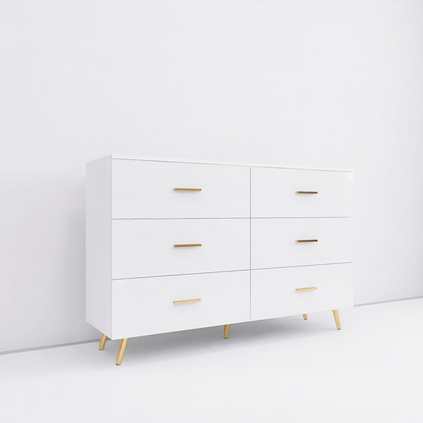 English Elm High Glossy 6-Drawer Chest with Golden Handles and Steel Legs — Spacious Storage, Modern Vanity Design White W2139134915