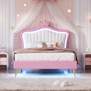 English Elm Twin Size Upholstered Bed Frame With Led Lights, Modern Upholstered Princess Bed With Crown Headboard,White+Pink