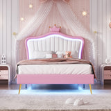 Twin Size Upholstered Bed Frame with LED Lights, Modern Princess Bed with Crown Headboard, White/Pink