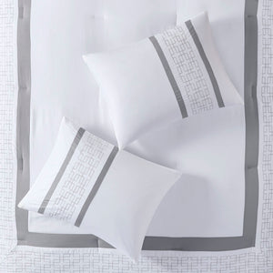 English Elm 8 Powell Embroidered Comforter Set King - Hotel-Style White with Grey Euros, Bedskirt & Decorative Pillows B035128741