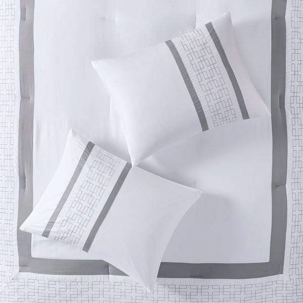 English Elm 8 Powell Embroidered Comforter Set King - Hotel-Style White with Grey Euros, Bedskirt & Decorative Pillows B035128741