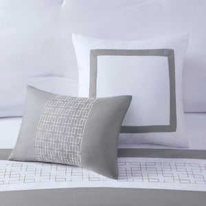 English Elm 8 Powell Embroidered Comforter Set King - Hotel-Style White with Grey Euros, Bedskirt & Decorative Pillows B035128741