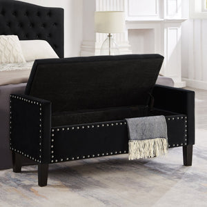 English Elm Upholstered Velvet Storage Bench Tufted Seat Nailhead Trim Armrests Entryway Bedroom Black W2186139086