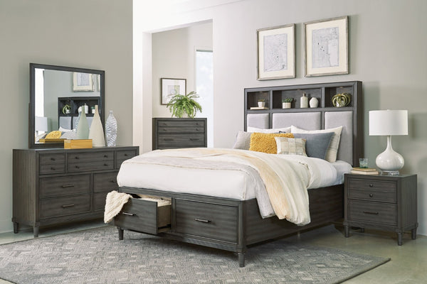 English Elm Gray Queen Platform Bed with Led Shelves Usb Ports Storage Drawers Upholstered Headboard B011S00657