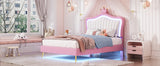 English Elm Twin Size Upholstered Bed Frame With Led Lights, Modern Upholstered Princess Bed With Crown Headboard,White+Pink