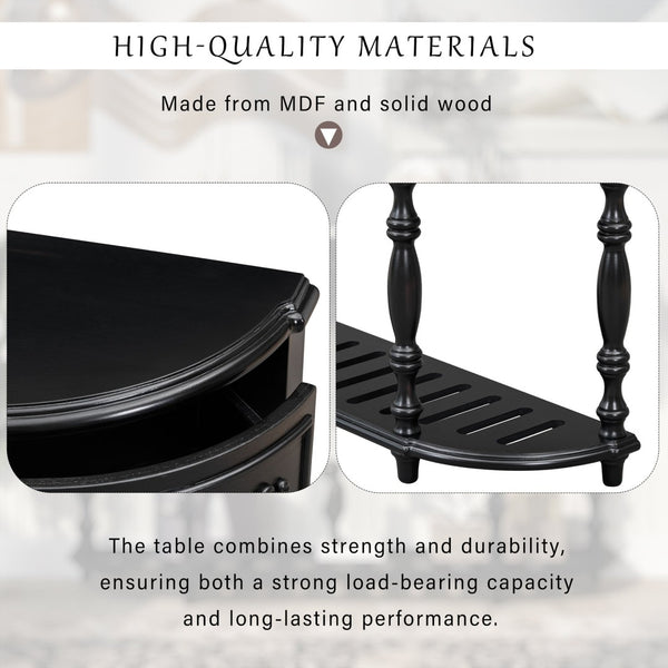 English Elm U_style Curved Console Table with Roman Legs Four Drawers Open Shelf Entryway Accent Black N711P186862B
