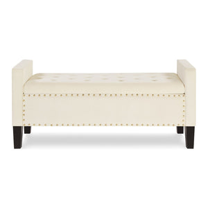English Elm Upholstered Velvet Storage Bench Tufted Seat Nailhead Trim Armrests Entryway Bedroom Cream W2186139089