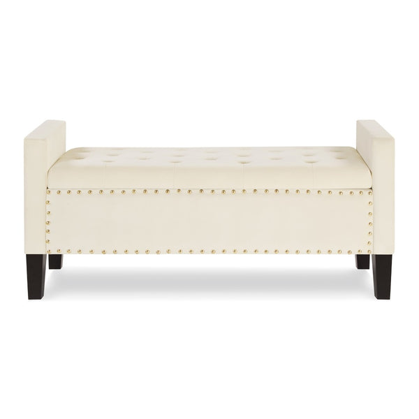 English Elm Upholstered Velvet Storage Bench Tufted Seat Nailhead Trim Armrests Entryway Bedroom Cream W2186139089