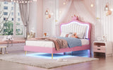 English Elm Twin Size Upholstered Bed Frame With Led Lights, Modern Upholstered Princess Bed With Crown Headboard,White+Pink