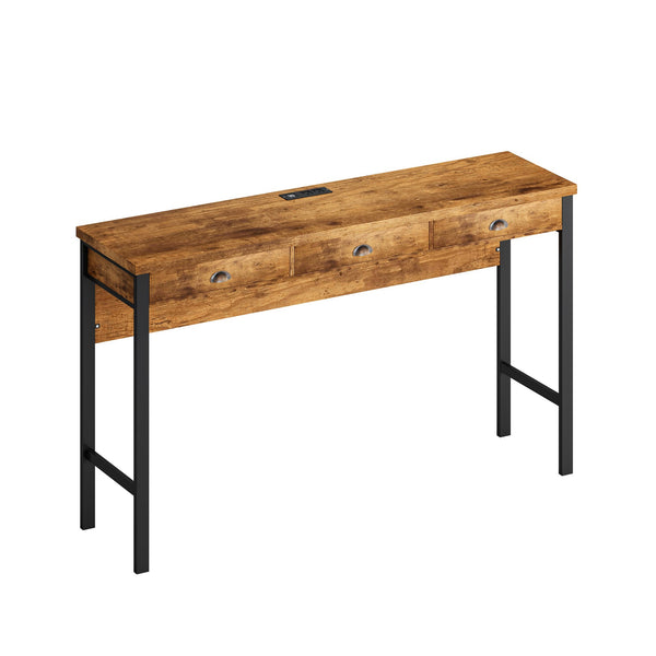 English Elm 3-Drawer Long Dining Table Set with Power Outlets, Swivel PU Stools, Shell Handles & Storage Elegance Brown W757134229