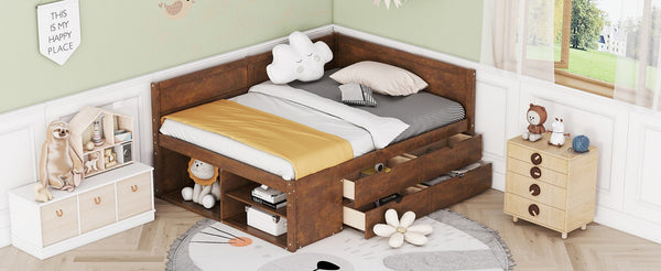 English Elm Full Size Walnut Daybed with Built-in Drawers Open Shelves for Modern Bedrooms LP002023AAD