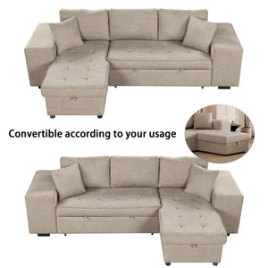 English Elm 104.5" Reversible L-shaped Sectional Sleeper Sofa with Storage Chaise and Linen Chenille Fabric Cream SG000432AAA