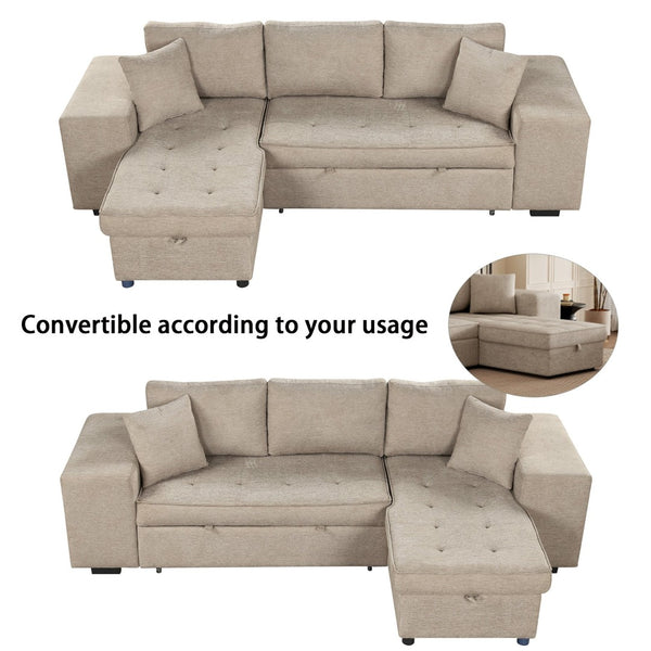 English Elm 104.5" Reversible L-shaped Sectional Sleeper Sofa with Storage Chaise and Linen Chenille Fabric Cream SG000432AAA
