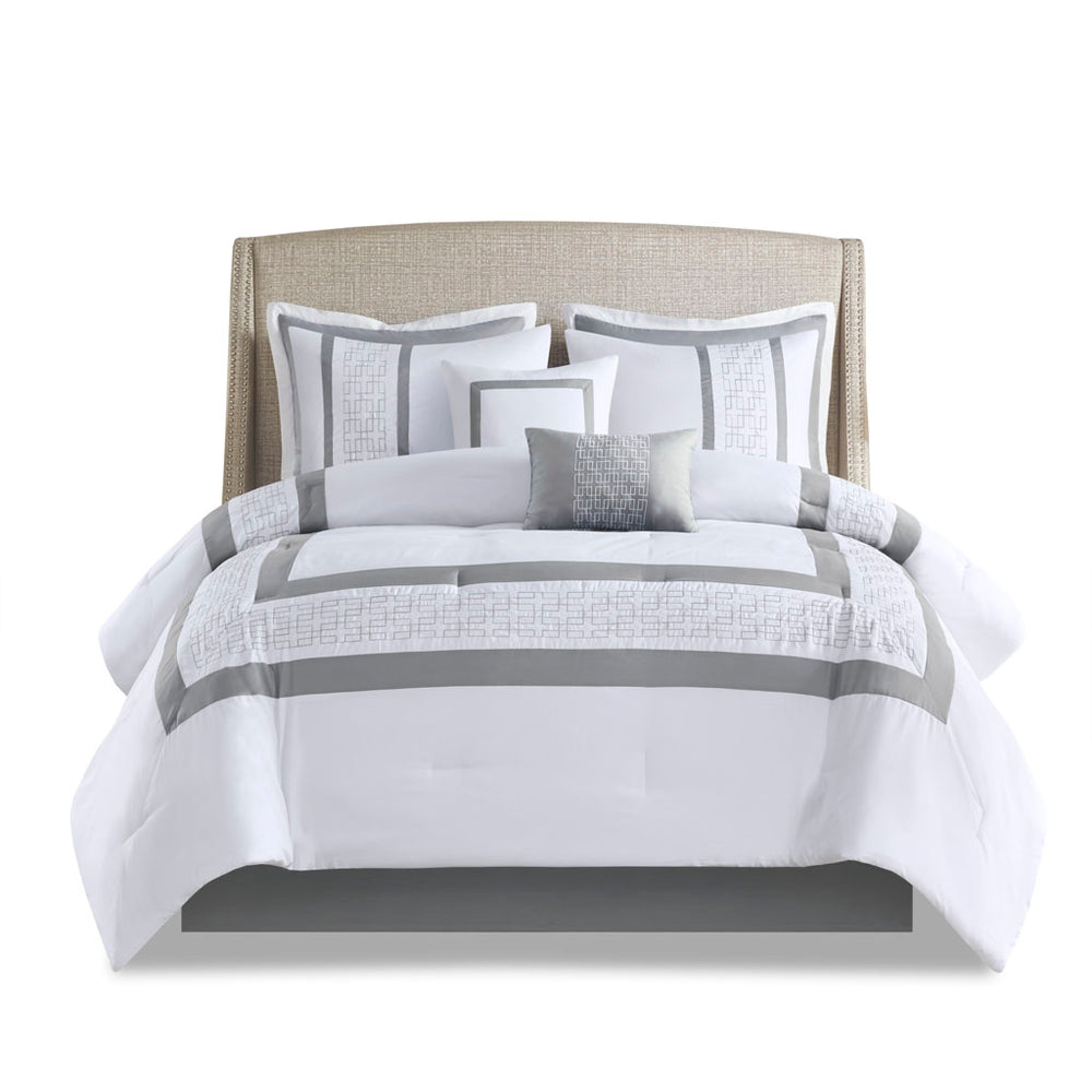 English Elm 8 Powell Embroidered Comforter Set Cal King — Hotel-Style Pieced Border, Hypoallergenic Fill, Machine Washable White 19.68 L x 12.6 W x 12.6 H B03594958