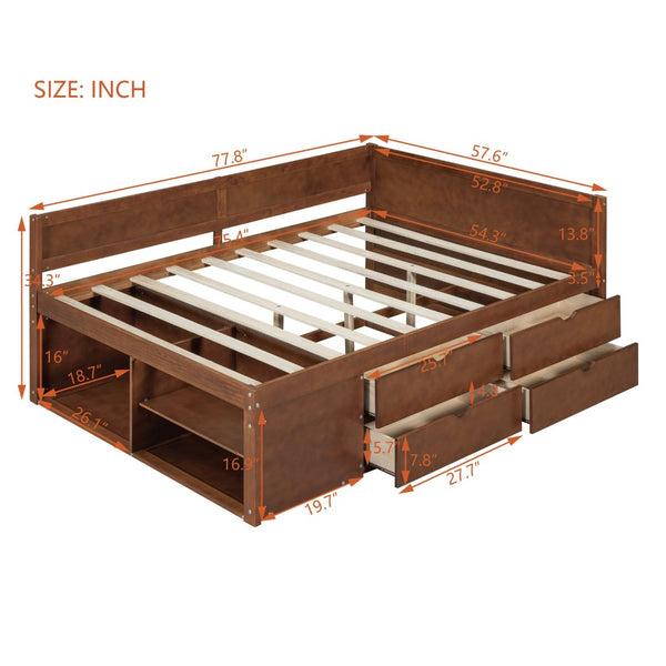 English Elm Full Size Walnut Daybed with Built-in Drawers Open Shelves for Modern Bedrooms LP002023AAD