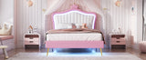 English Elm Twin Size Upholstered Bed Frame With Led Lights, Modern Upholstered Princess Bed With Crown Headboard,White+Pink