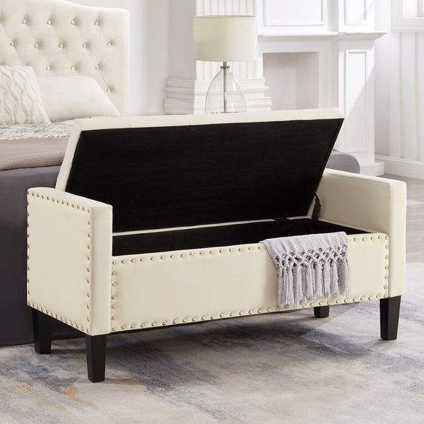 English Elm Upholstered Velvet Storage Bench Tufted Seat Nailhead Trim Armrests Entryway Bedroom Cream W2186139089