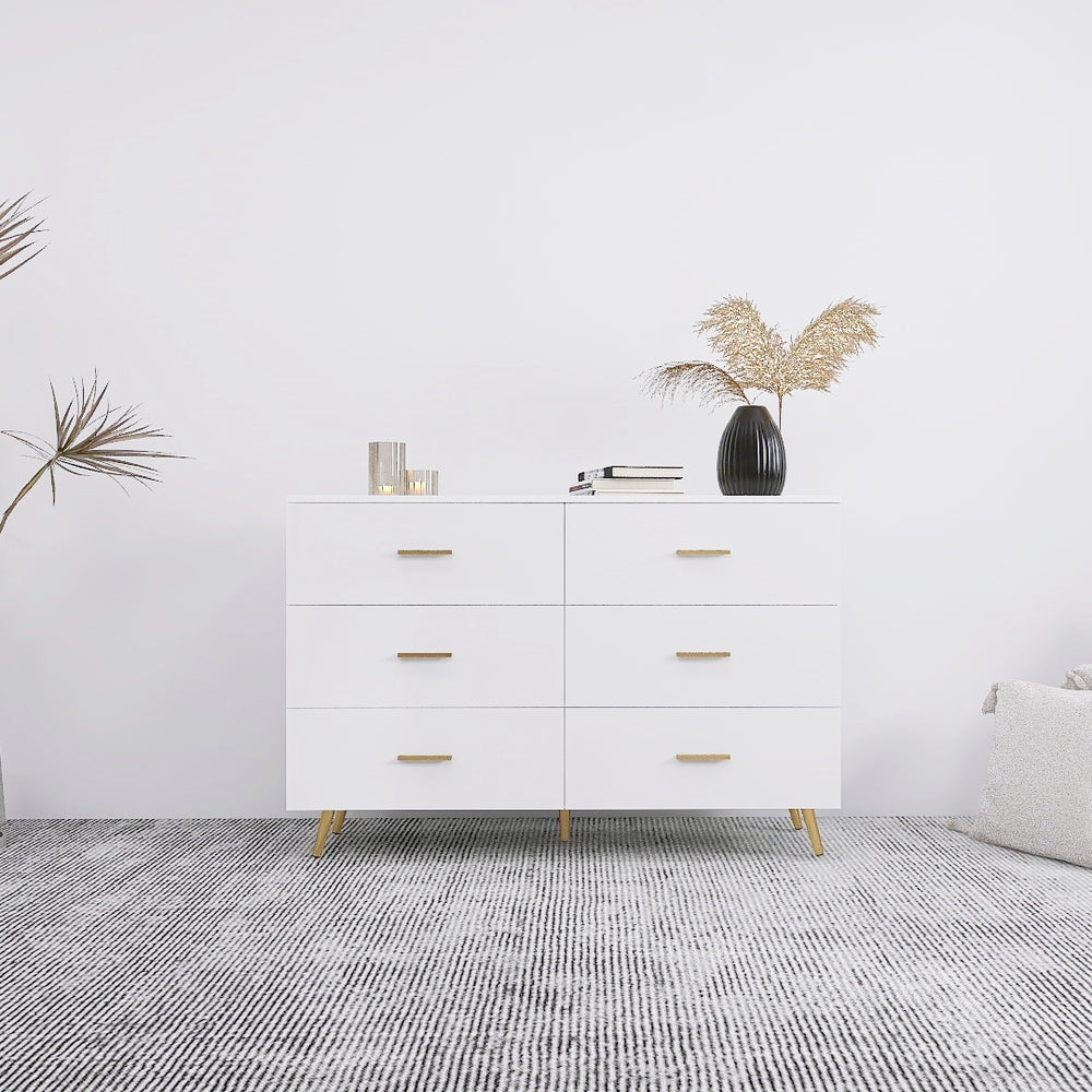 English Elm High Glossy 6-Drawer Chest with Golden Handles and Steel Legs — Spacious Storage, Modern Vanity Design White W2139134915