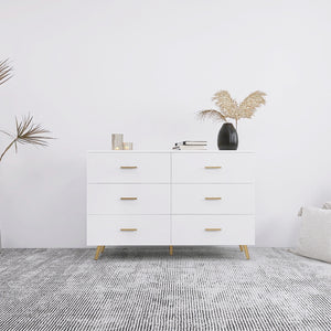 English Elm High Glossy 6-Drawer Chest with Golden Handles and Steel Legs — Spacious Storage, Modern Vanity Design White W2139134915