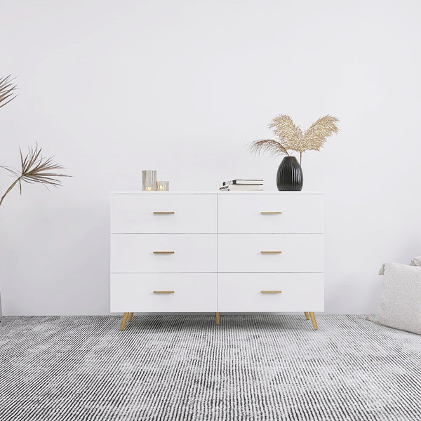 English Elm High Glossy 6-Drawer Chest with Golden Handles and Steel Legs — Spacious Storage, Modern Vanity Design White W2139134915