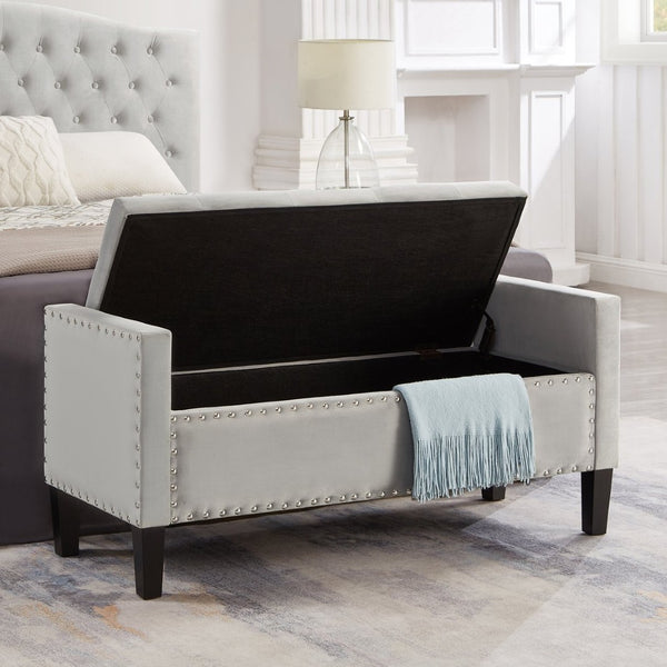 English Elm Upholstered Velvet Storage Bench Tufted Seat Nailhead Trim Armrests Entryway Bedroom Gray W2186139087