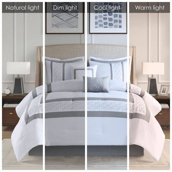 English Elm 8 Powell Embroidered Comforter Set King - Hotel-Style White with Grey Euros, Bedskirt & Decorative Pillows B035128741