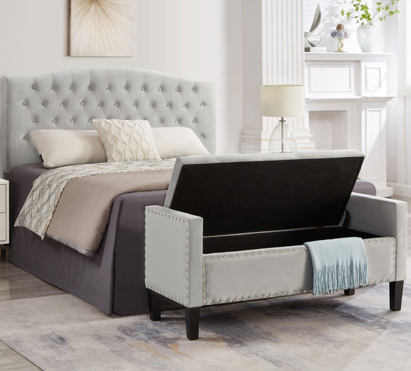 English Elm Upholstered Velvet Storage Bench Tufted Seat Nailhead Trim Armrests Entryway Bedroom Gray W2186139087