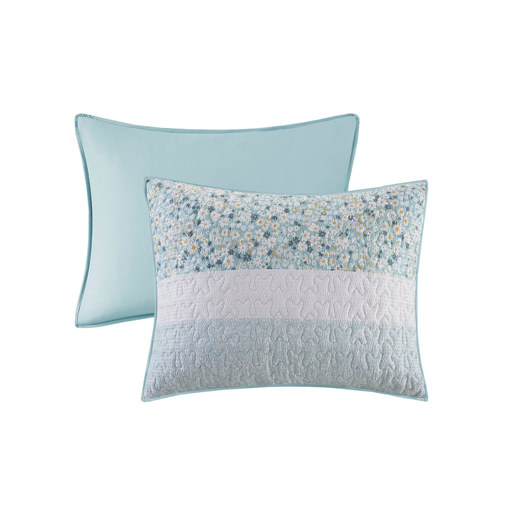 English Elm Full/Queen Seersucker Quilt Set 4-Piece with Throw Pillow — Floral Farmhouse Shabby Chic, Hypoallergenic Antimicrobial B035129017