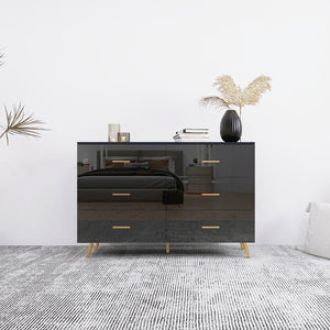 English Elm High Glossy 6-Drawer Chest with Golden Handles and Steel Legs — Spacious Storage, Modern Vanity Design Black W2139134916