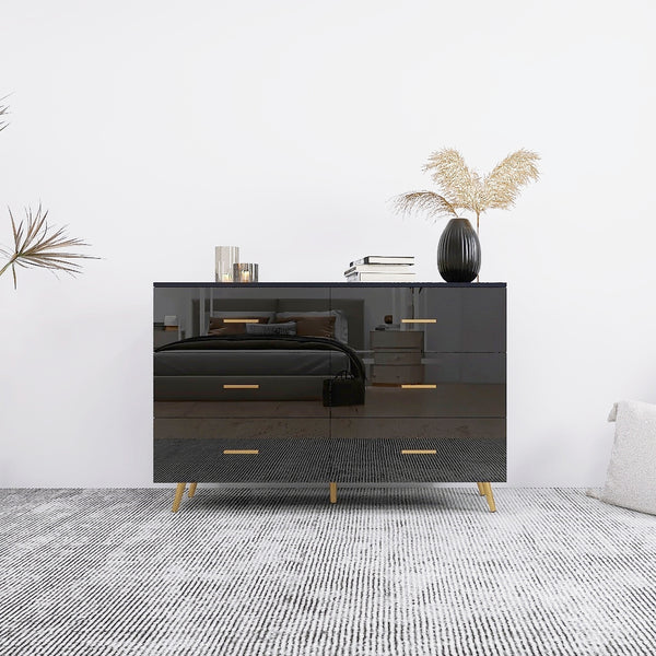 English Elm High Glossy 6-Drawer Chest with Golden Handles and Steel Legs — Spacious Storage, Modern Vanity Design Black W2139134916