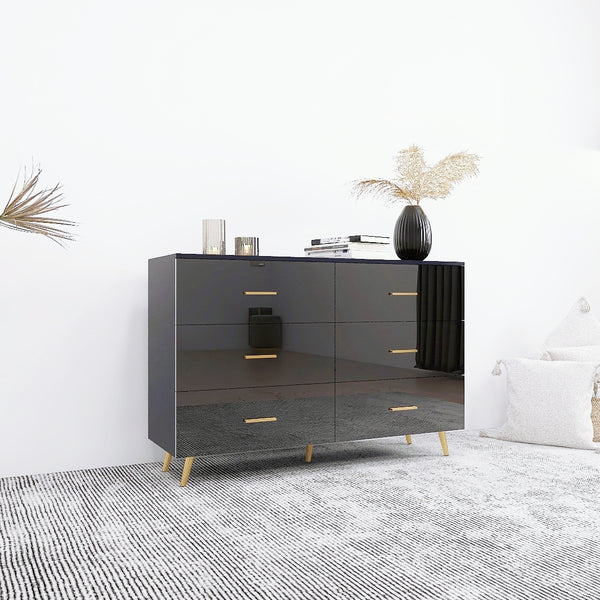 English Elm High Glossy 6-Drawer Chest with Golden Handles and Steel Legs — Spacious Storage, Modern Vanity Design Black W2139134916