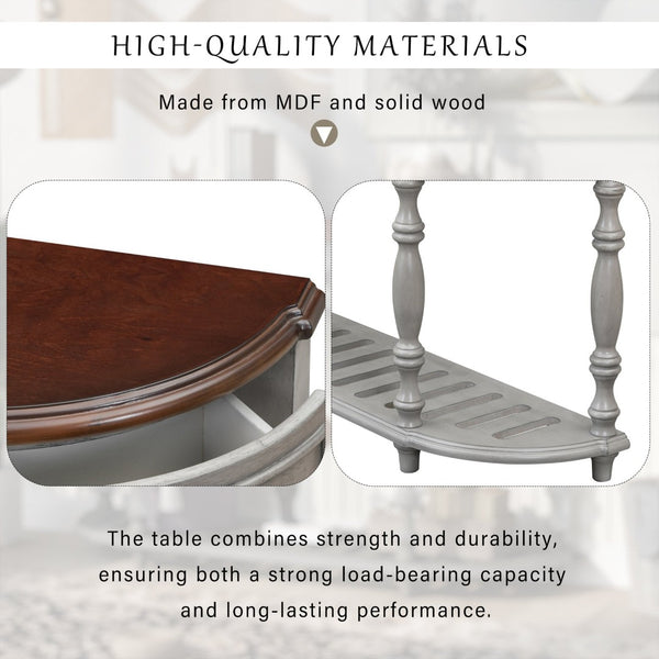English Elm U_style Curved Console Table with Roman Legs Four Drawers Open Shelf Entryway Accent Antique Grey N711P186862E