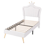 English Elm Twin Size Upholstered Bed Frame With Led Lights, Modern Upholstered Princess Bed With Crown Headboard,White