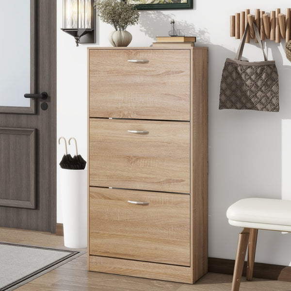English Elm 3-drawer Flip Front Shoe Cabinet Slim Entryway Organizer with Six Compartments W40981154