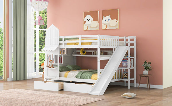 English Elm Full-over-full Castle Bunk Bed with Slide Drawers Shelves Pinewood Kids Frame White LT000558AAK-3