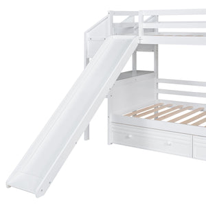 English Elm Twin Twin Bunk Bed with Staircase Storage, Slide, Built-In Desk, Drawers & Shelves — Safe Stylish White SM001811AAK