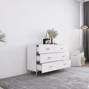 English Elm High Glossy 6-Drawer Chest with Golden Handles and Steel Legs — Spacious Storage, Modern Vanity Design White W2139134915