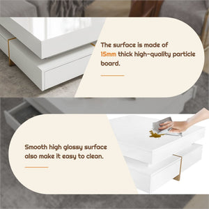 English Elm On-trend Square Coffee Table High Gloss White Top Wood Grain Legs Four Drawer Storage WF314582AAK