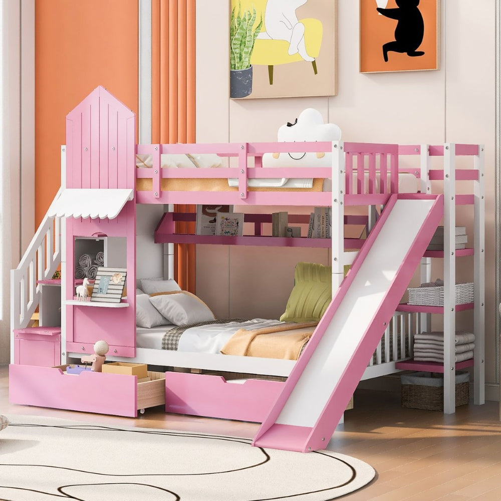 English Elm Twin-over-twin Castle Bunk Bed with Slide Storage Drawers and Shelves for Kids Pink LT000559AAH-2