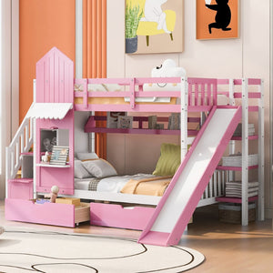 English Elm Twin-over-twin Castle Bunk Bed with Slide Storage Drawers and Shelves for Kids Pink LT000559AAH-2