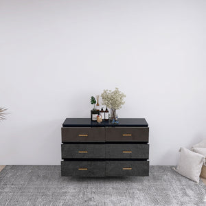 English Elm High Glossy 6-Drawer Chest with Golden Handles and Steel Legs — Spacious Storage, Modern Vanity Design Black W2139134916
