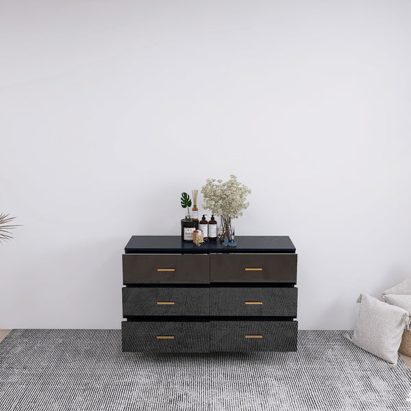 English Elm High Glossy 6-Drawer Chest with Golden Handles and Steel Legs — Spacious Storage, Modern Vanity Design Black W2139134916