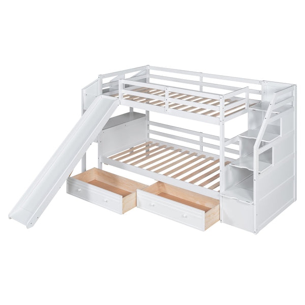English Elm Twin Twin Bunk Bed with Staircase Storage, Slide, Built-In Desk, Drawers & Shelves — Safe Stylish White SM001811AAK