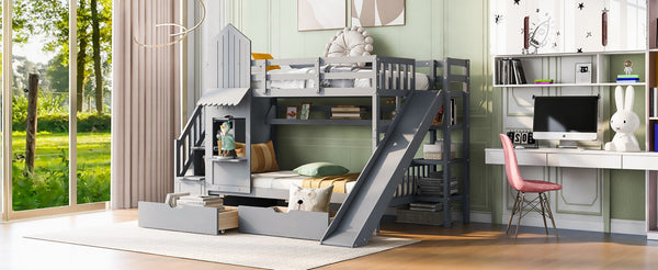 English Elm Twin-over-twin Castle Bunk Bed with Slide Storage Drawers and Shelves for Kids Gray LT000559AAE-1